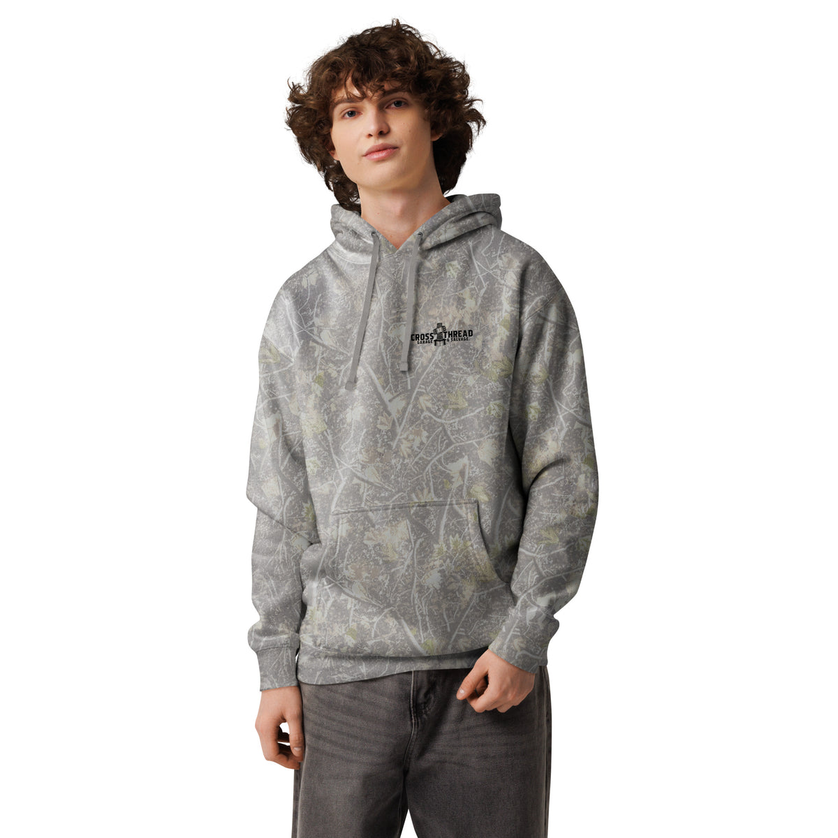 OG Crossthread Garage Logo Camo Hoodie in Deadwood Tree Camo, front view