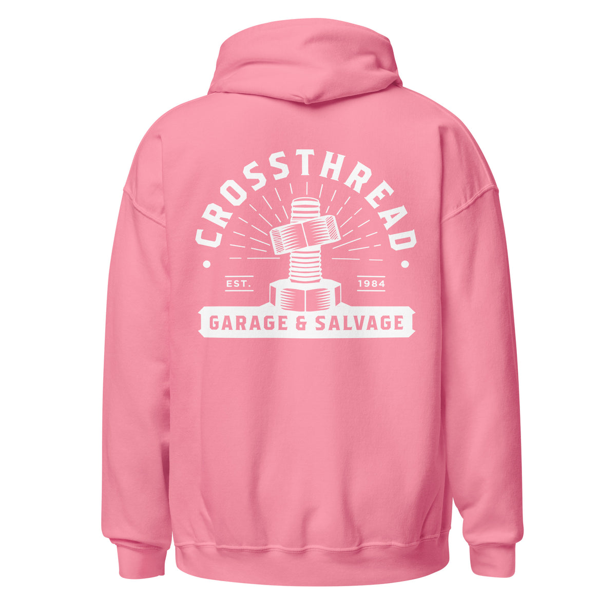OG Crossthread Garage Logo Hoodie in Azalea, back view