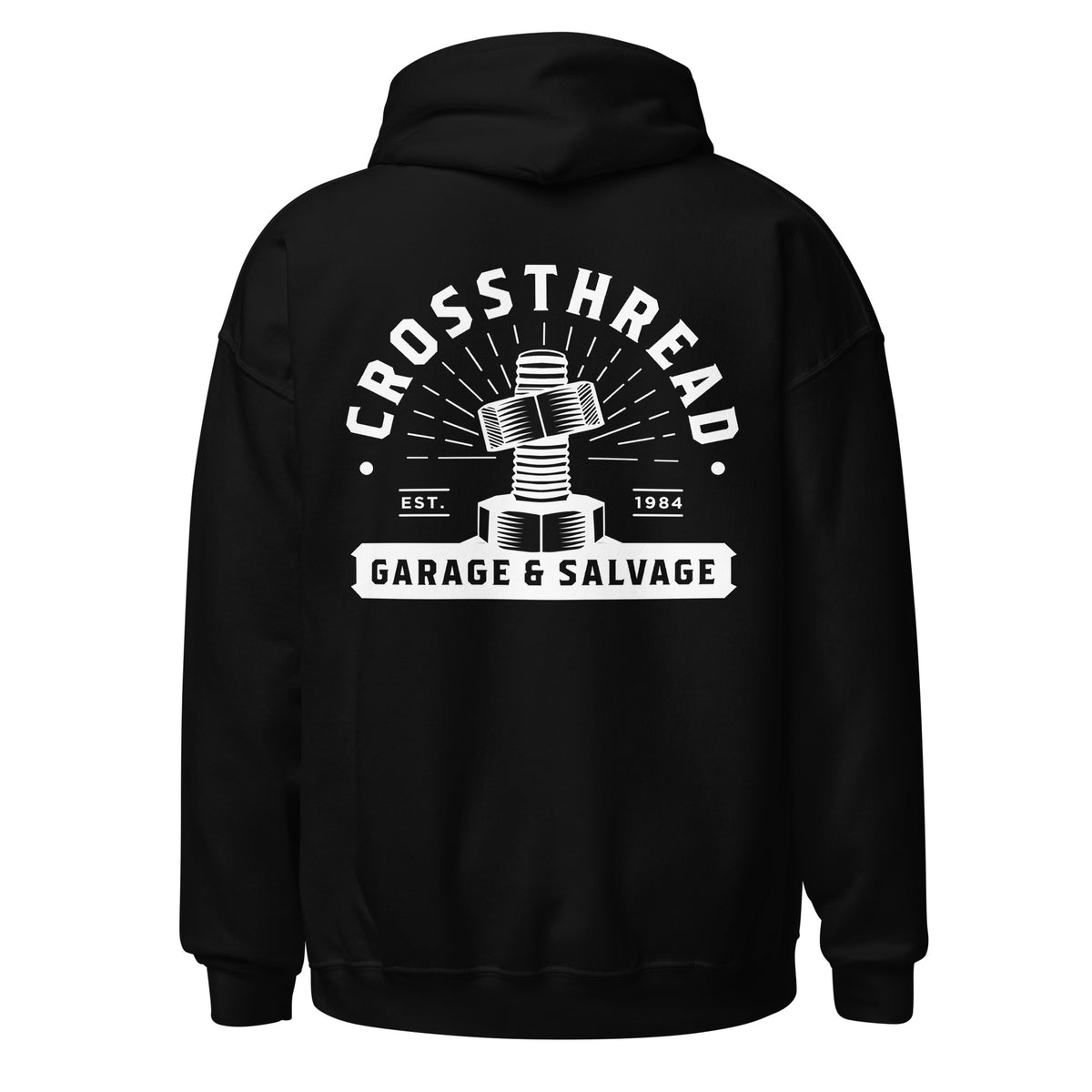 OG Crossthread Garage Logo Hoodie in Black, back view