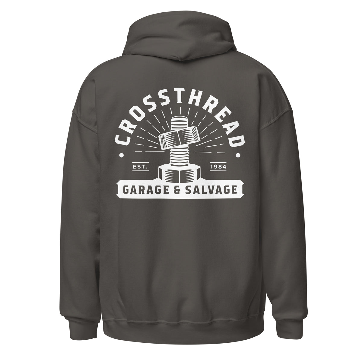 OG Crossthread Garage Logo Hoodie in Charcoal, back view