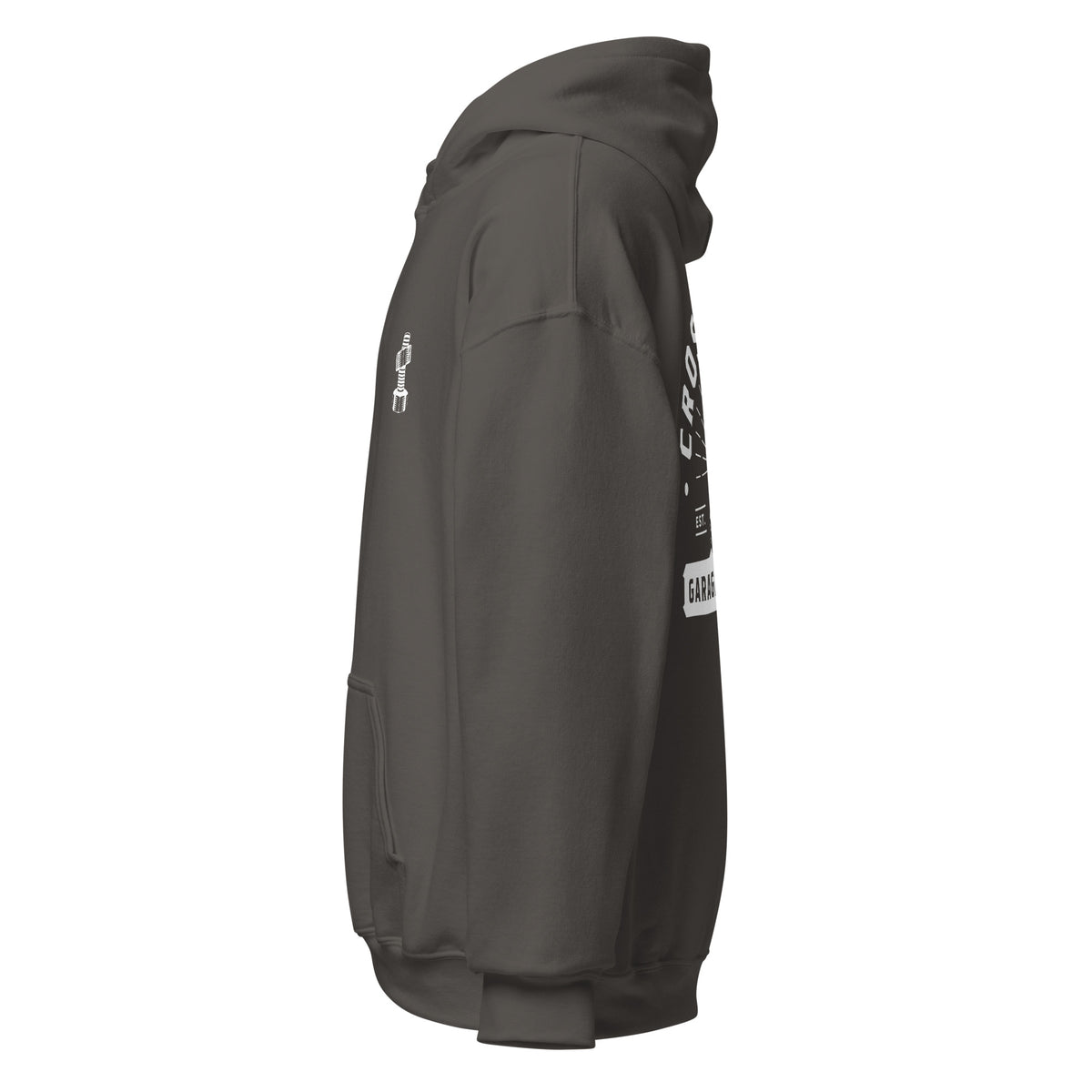 OG Crossthread Garage Logo Hoodie in Charcoal, left side view