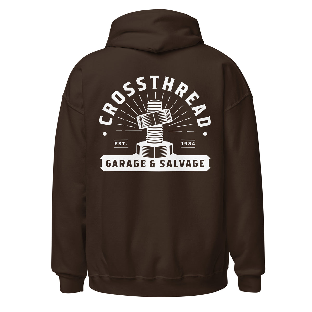 OG Crossthread Garage Logo Hoodie in Dark Chocolate, back view