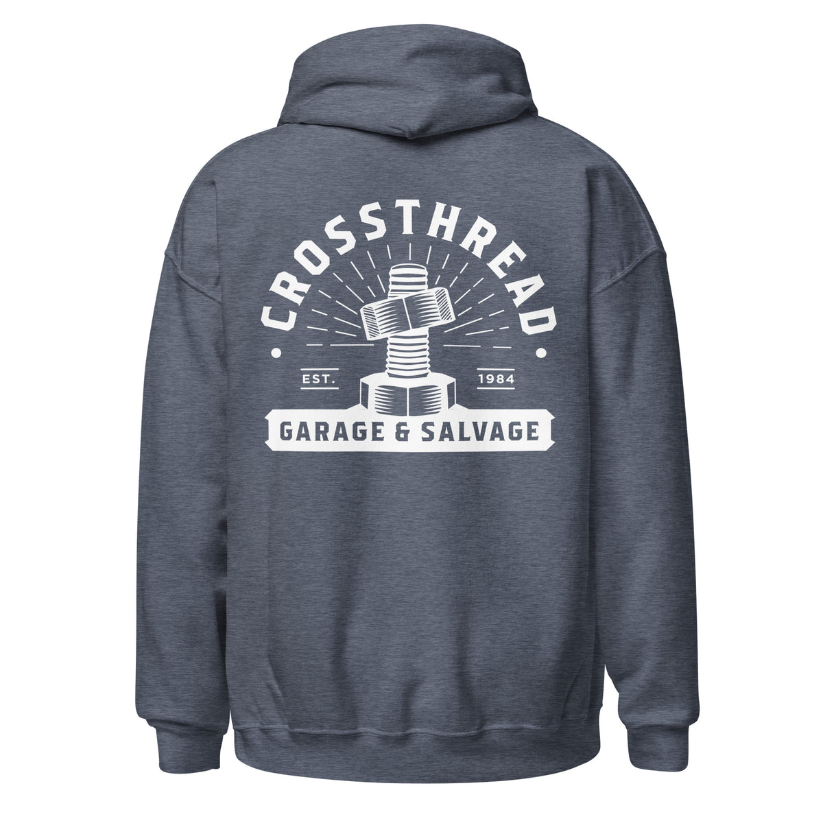 OG Crossthread Garage Logo Hoodie in Heather Sport Dark Navy, back view