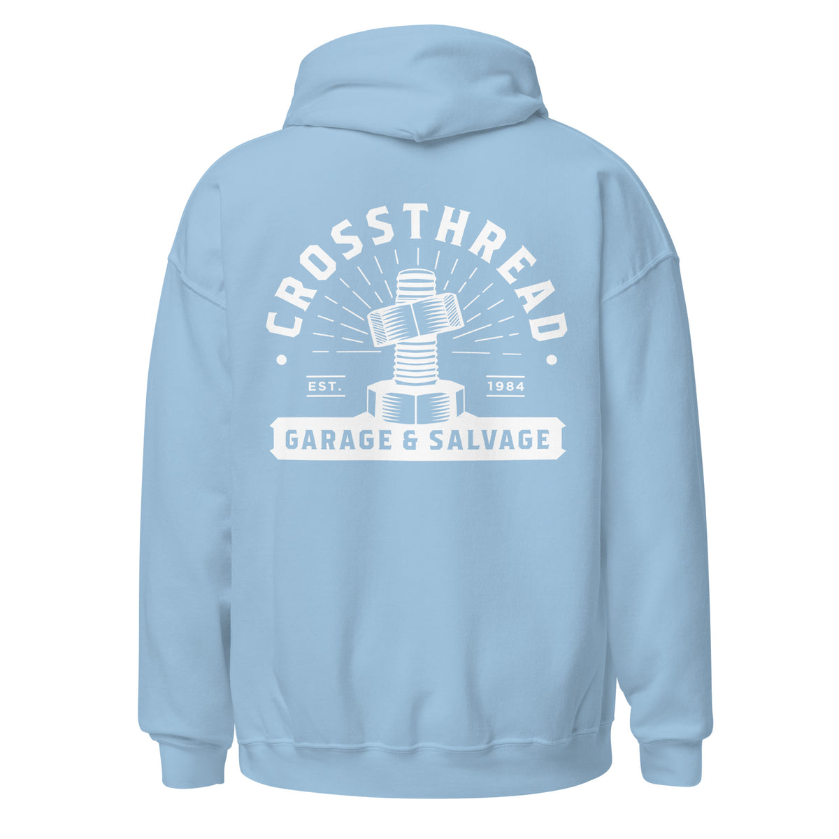 OG Crossthread Garage Logo Hoodie in Light Blue, back view