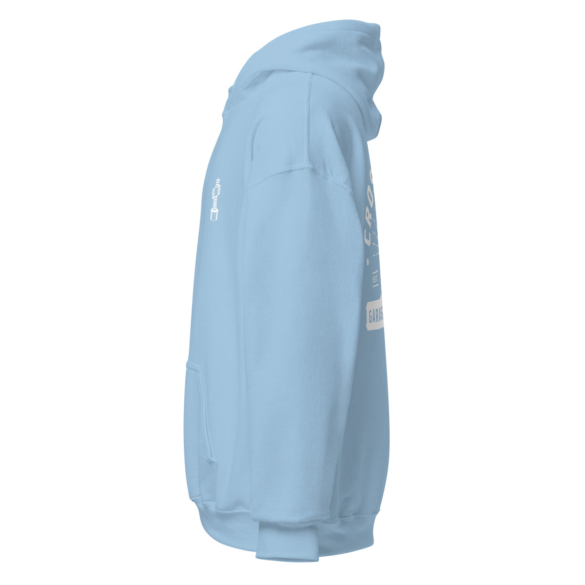 OG Crossthread Garage Logo Hoodie in Light Blue, left side view