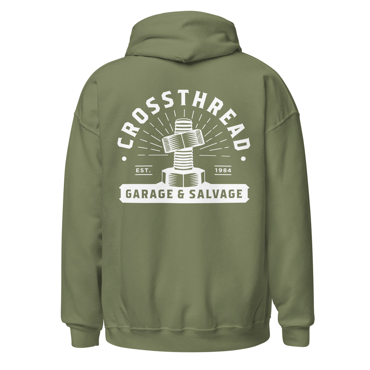 OG Crossthread Garage Logo Hoodie in Military Green, back view