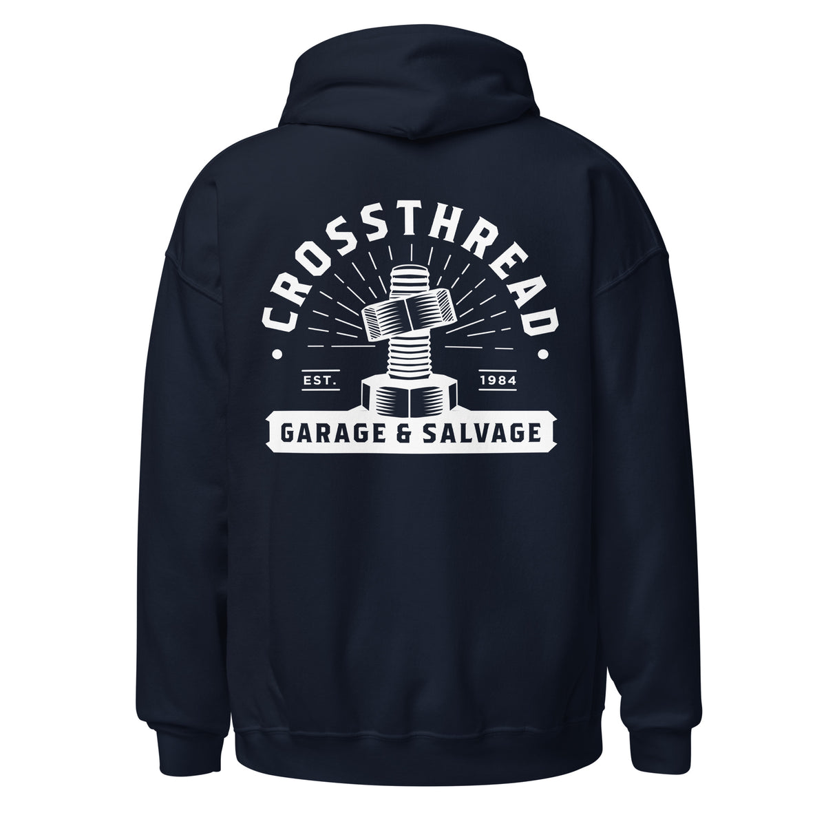 OG Crossthread Garage Logo Hoodie in Navy, back view