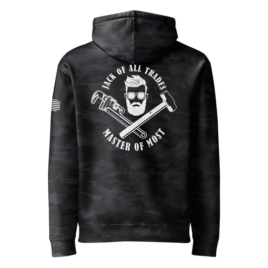 Jack of All Trades, Master of Most Logo Hoodie in Black Camo, back view