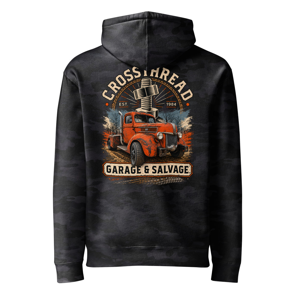 K8lynn's 1941 Powerstroke Camo Hoodie in Black Camo, back view