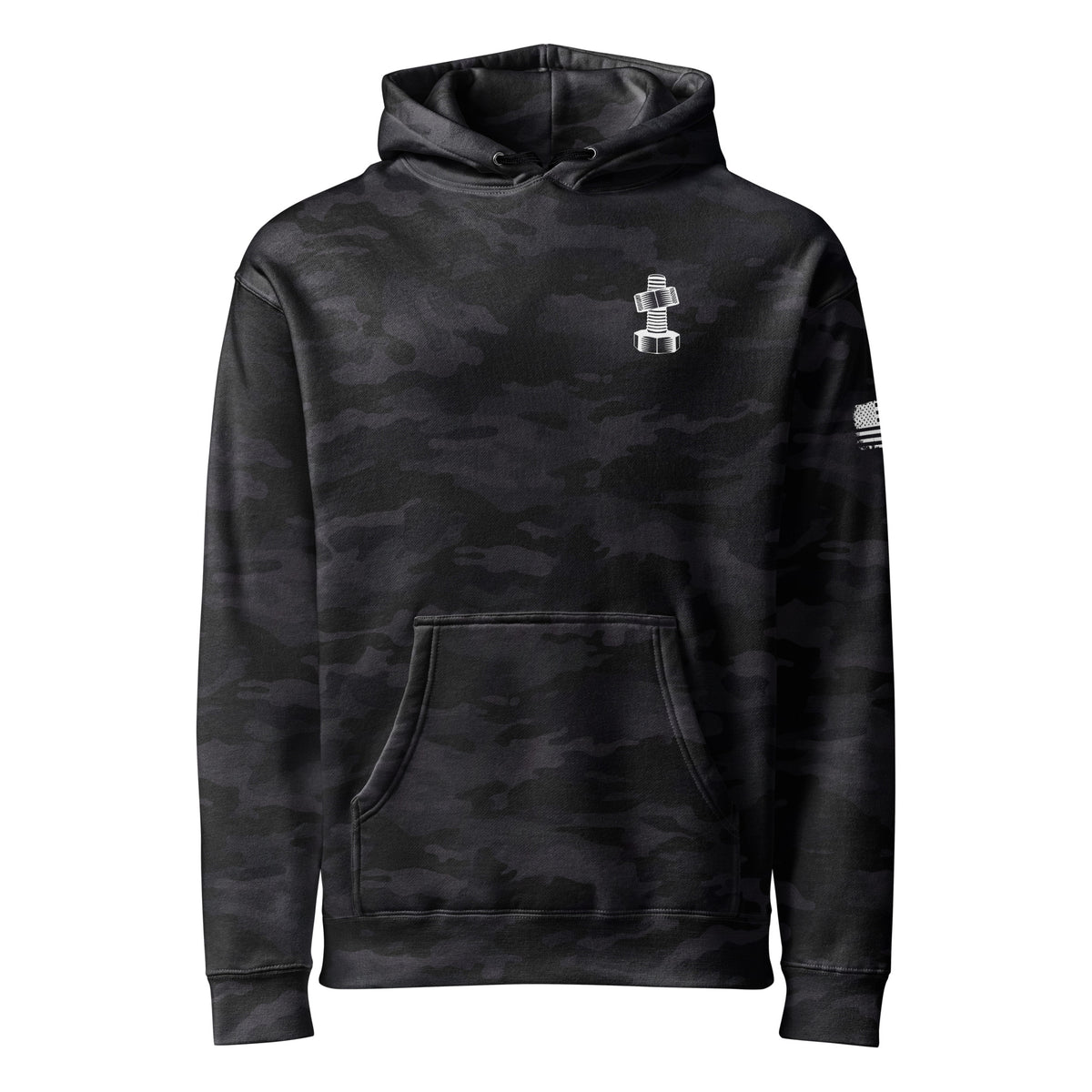 Jack of All Trades, Master of Most Logo Hoodie in Black Camo, front view