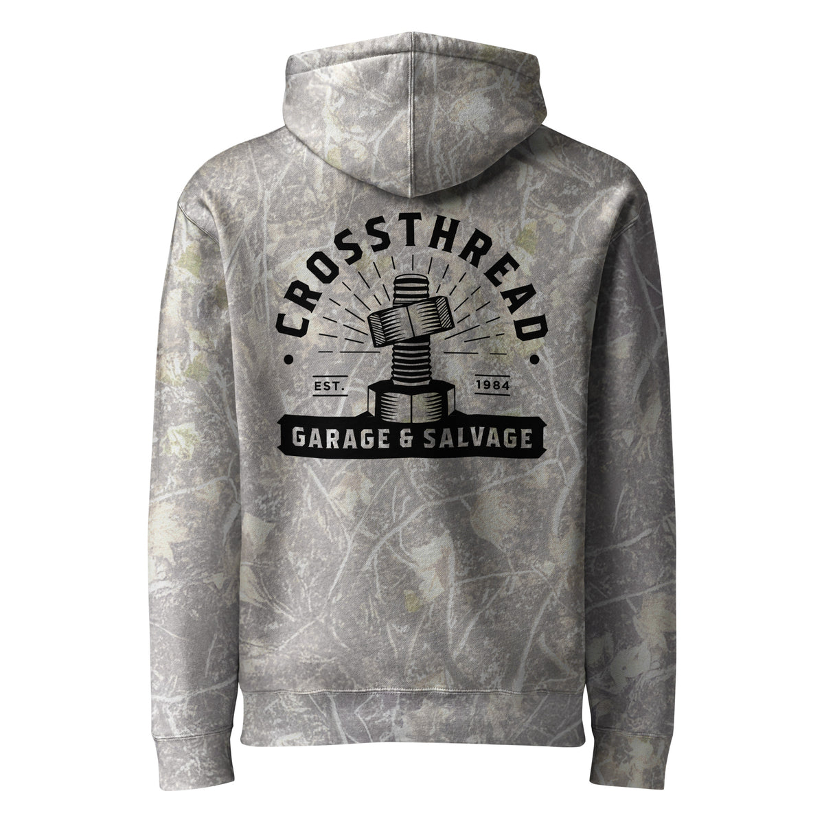 OG Crossthread Garage Logo Camo Hoodie in Deadwood Tree Camo, back view