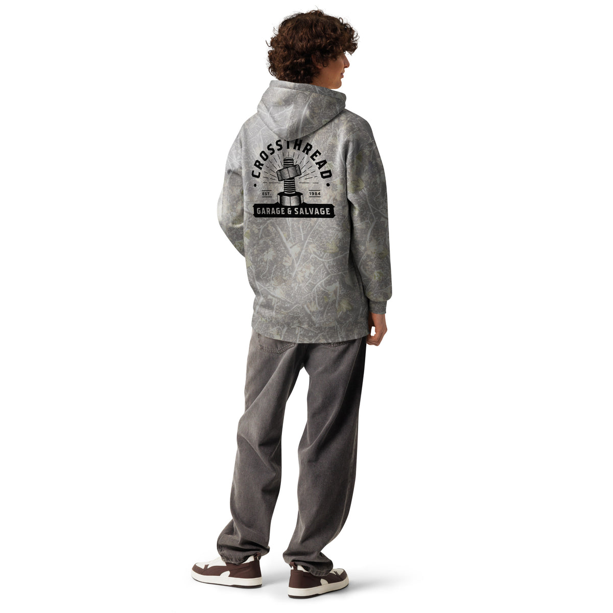 OG Crossthread Garage Logo Camo Hoodie in Deadwood Tree Camo, back view