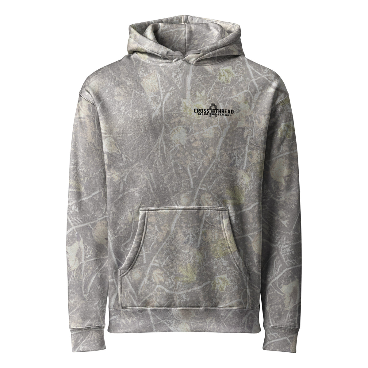 OG Crossthread Garage Logo Camo Hoodie in Deadwood Tree Camo, front view